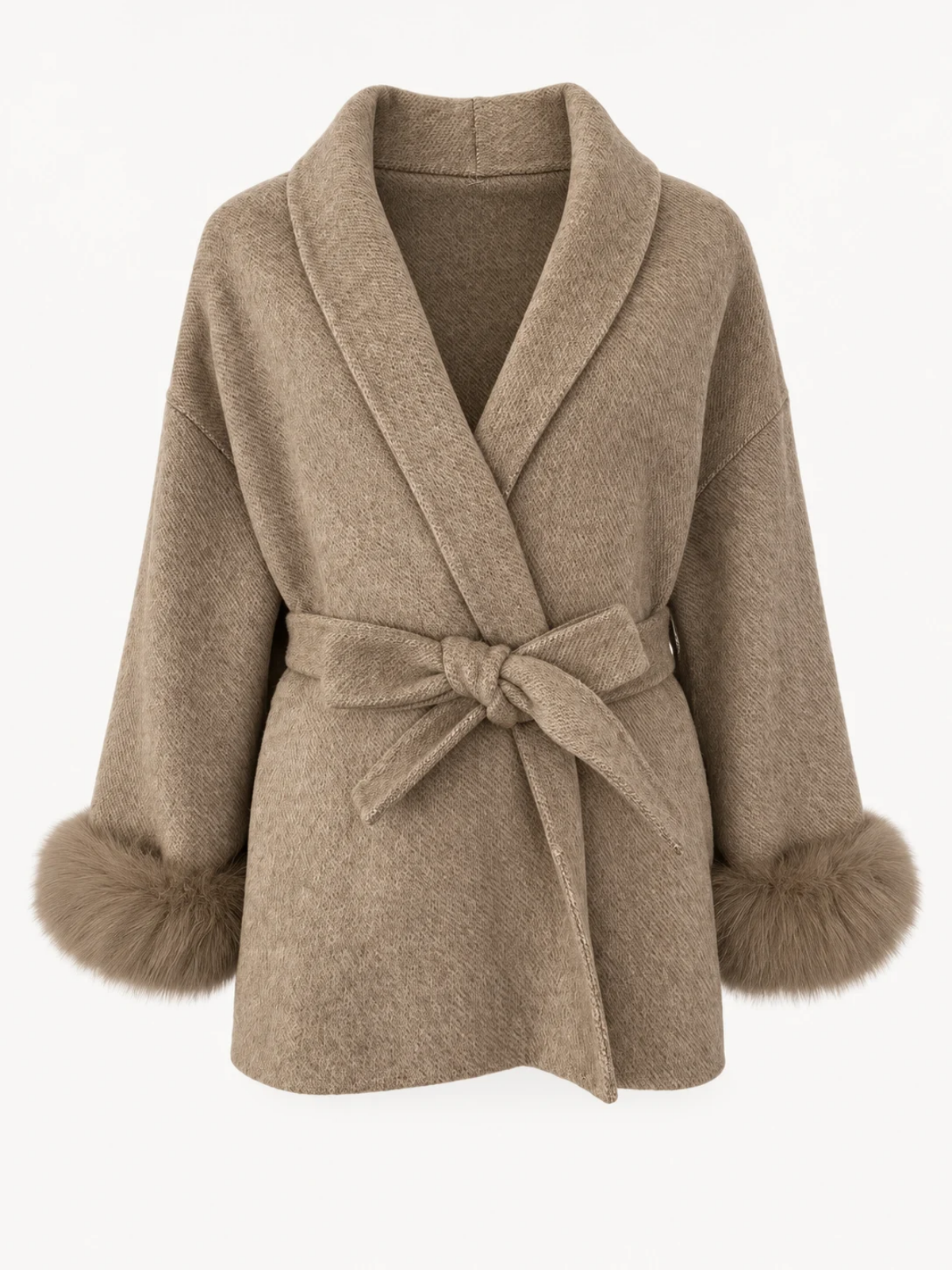 Belted Wool Blend Coat with Fur-Trim Cuffs