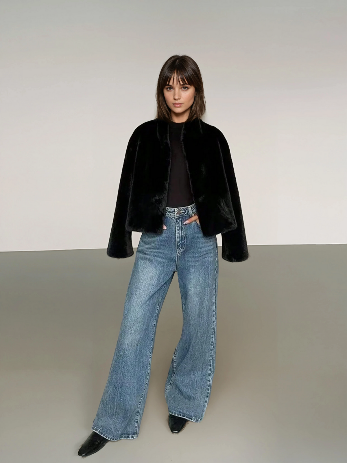 Elegante cappotto in pelliccia sintetica nera da donna con collo alto, maniche lunghe, vestibilità regolare, essenziale per il guardaroba invernale