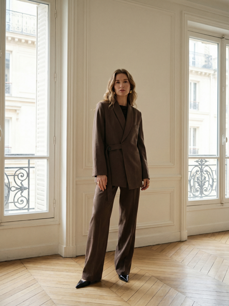 Notched Collar Jacket And Pants Office Suit Coffee Brown