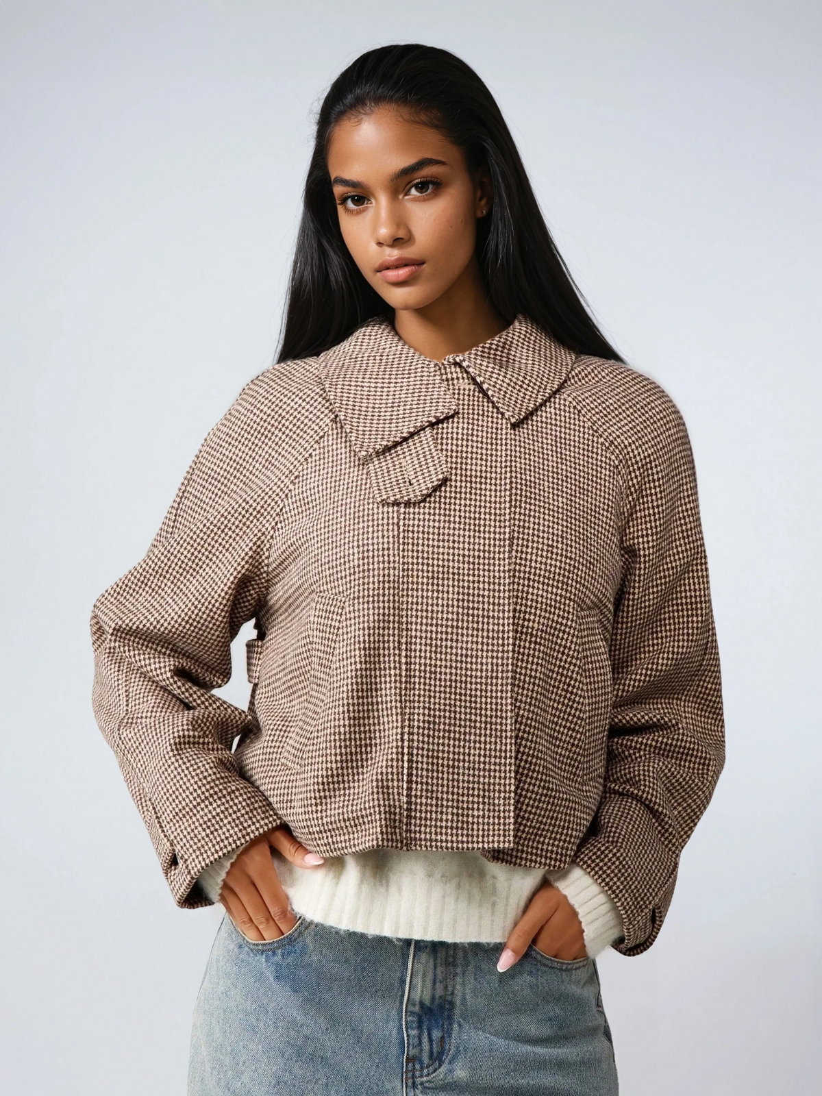 Houndstooth Quilted High Collar Jacket Oversized Coat For Cold Weather