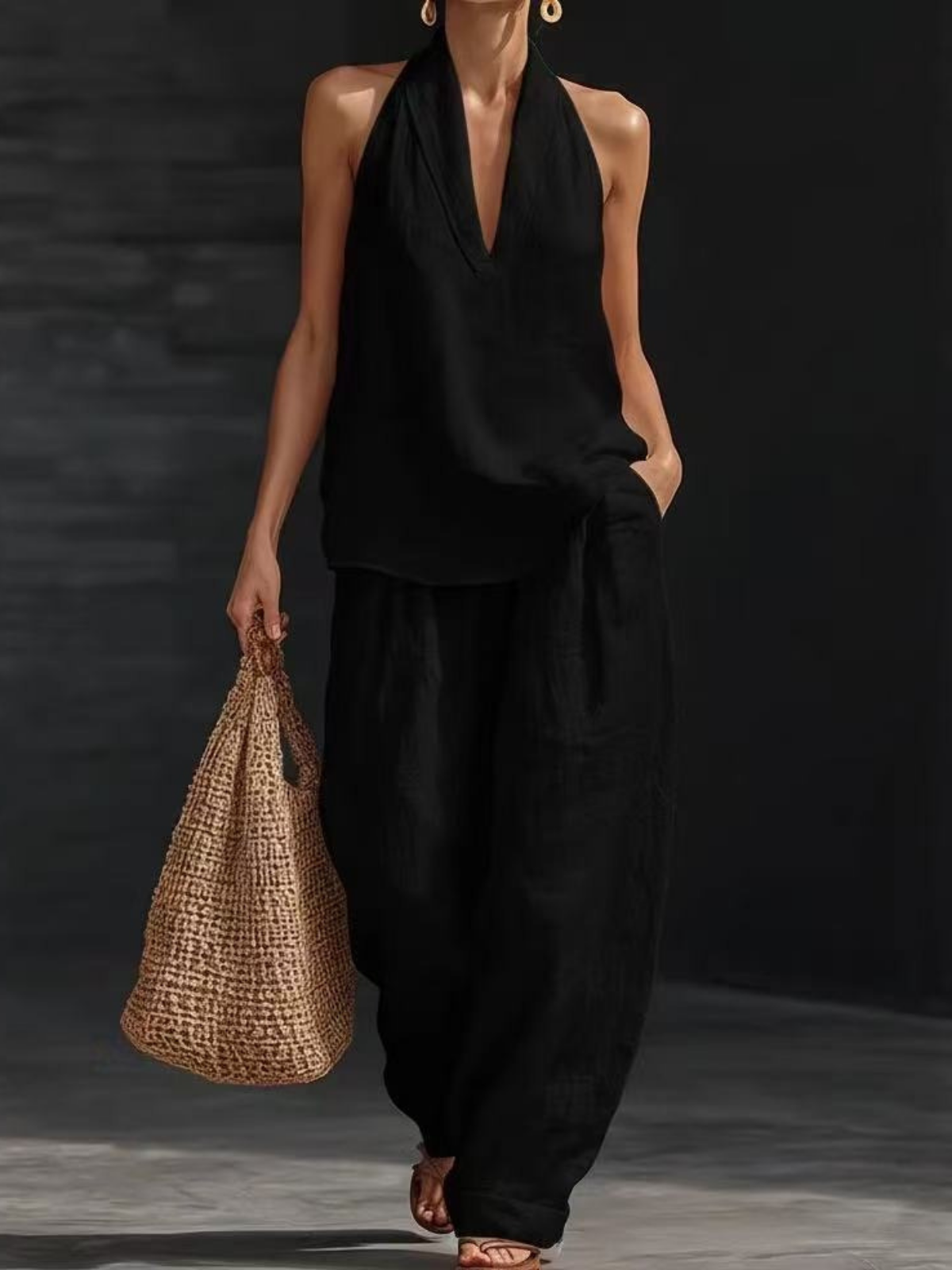 Elegant Style Halter Top & Wide-Leg Pants Co-Ord