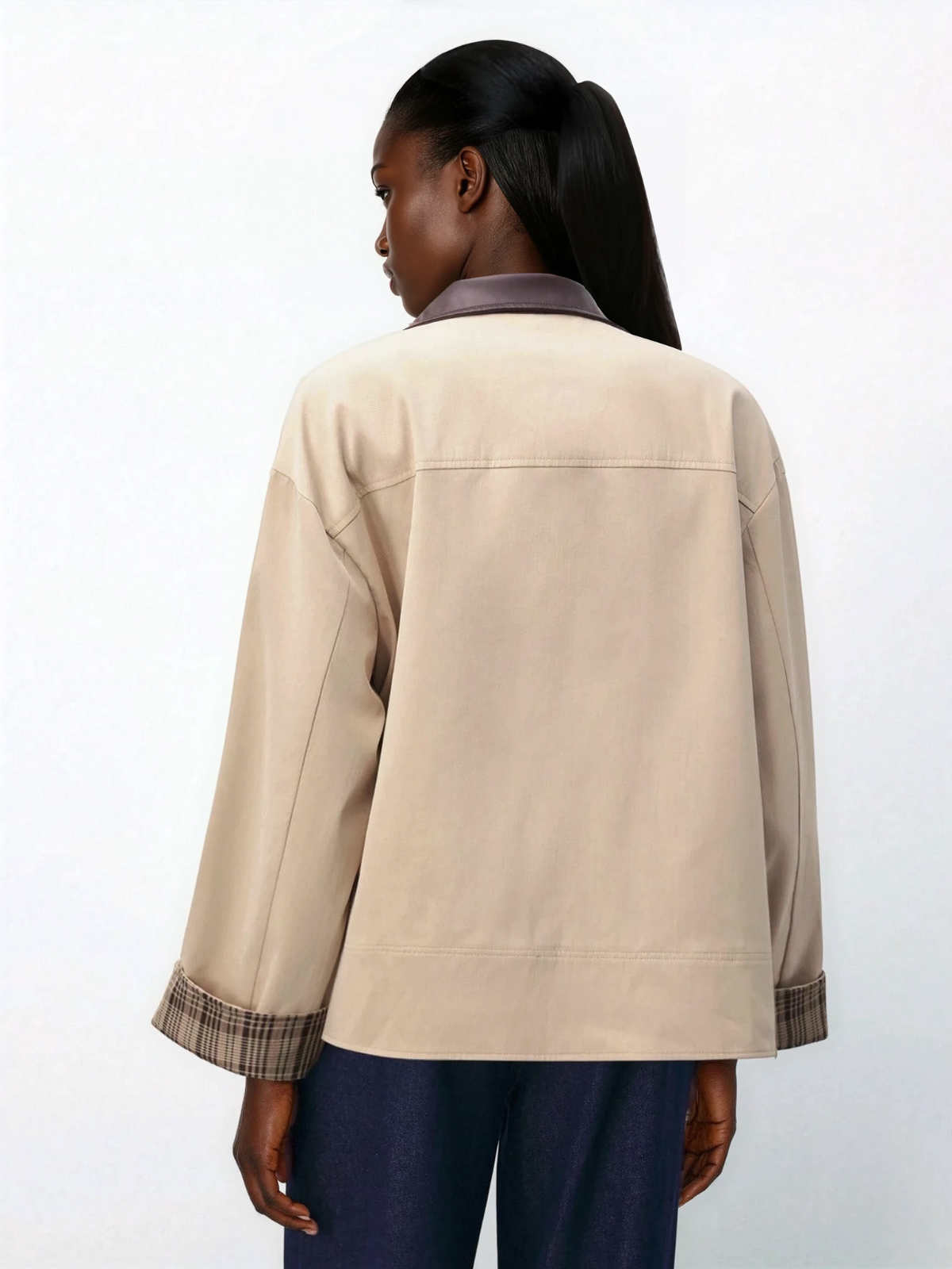 Brown Plaid Patchwork Sleeve Blazer With Leather Collar For Women Winter Everyday Wear