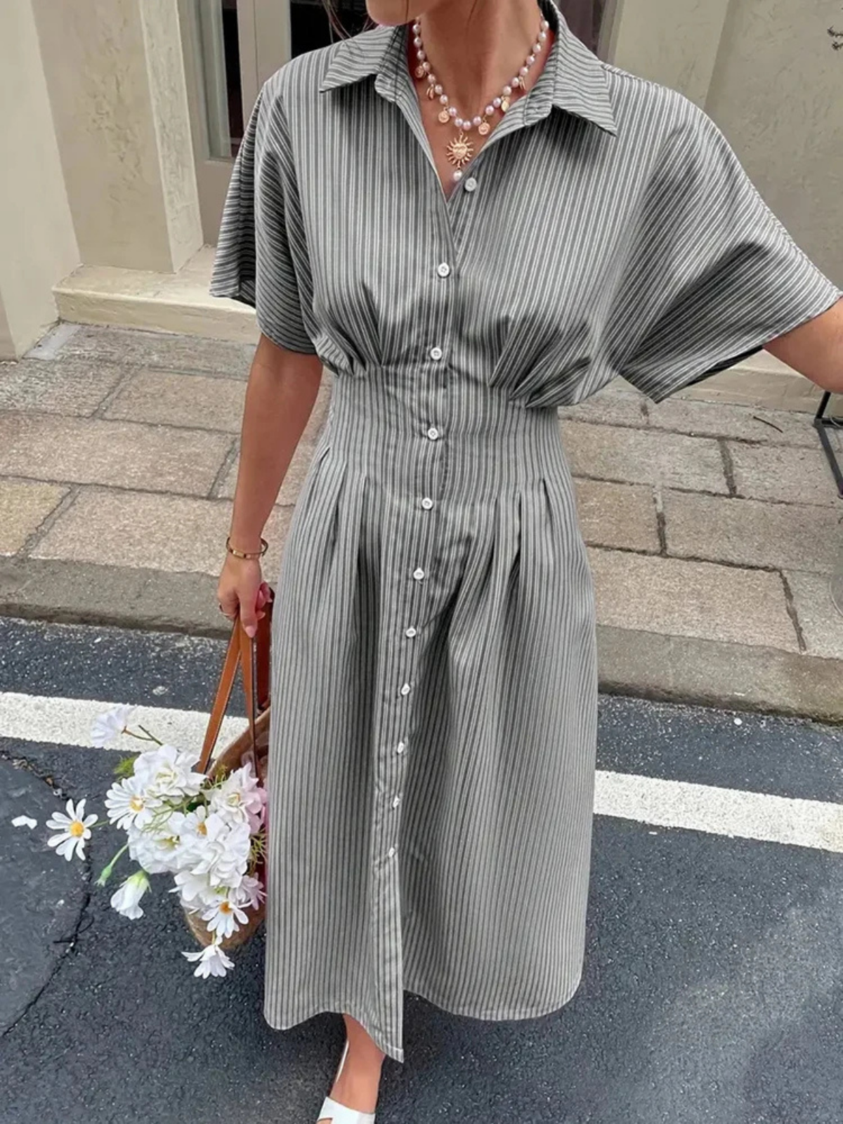 Relaxed Fit Midi Dress – Short Sleeve Button Up Summer Dress
